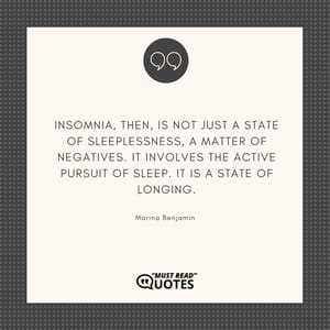 Insomnia, then, is not just a state of sleeplessness, a matter of negatives. It involves the active pursuit of sleep. It is a state of longing.