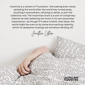 Insomnia is a variant of Tourette's--the waking brain races, sampling the world after the world has turned away, touching it everywhere, refusing to settle, to join the collective nod. The insomniac brain is a sort of conspiracy theorist as well, believing too much in its own paranoiac importance--as though if it were to blink, then doze, the world might be overrun by some encroaching calamity, which its obsessive musings are somehow fending off.
