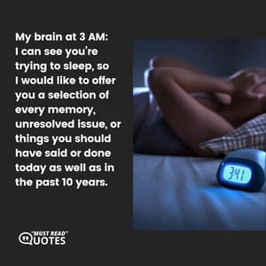 My brain at 3 AM: I can see you’re trying to sleep, so I would like to offer you a selection of every memory, unresolved issue, or things you should have said or done today as well as in the past 10 years.