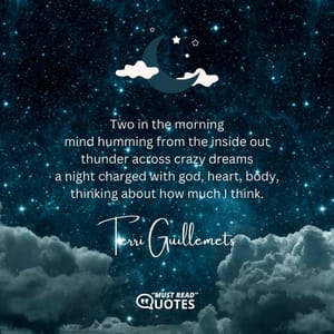 Two in the morning mind humming from the inside out thunder across crazy dreams a night charged with god, heart, body, thinking about how much I think.