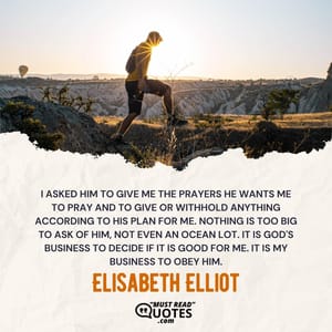 I asked Him to give me the prayers He wants me to pray and to give or withhold anything according to his plan for me. Nothing is too big to ask of Him, not even an ocean lot. It is God's business to decide if it is good for me. It is my business to obey Him.