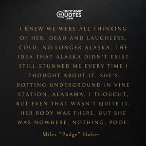 I knew we were all thinking of her, dead and laughless, cold, no longer Alaska. The idea that Alaska didn’t exist still stunned me every time I thought about it. She’s rotting underground in Vine Station, Alabama, I thought, but even that wasn’t quite it. Her body was there, but she was nowhere, nothing, POOF.