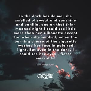 In the dark beside me, she smelled of sweat and sunshine and vanilla, and on that thin-mooned night I could see little more than her silhouette except for when she smoked, when the burning cherry of the cigarette washed her face in pale red light. But even in the dark, I could see her eyes - fierce emeralds.