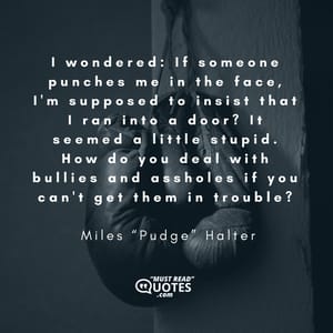 I wondered: If someone punches me in the face, I'm supposed to insist that I ran into a door? It seemed a little stupid. How do you deal with bullies and assholes if you can't get them in trouble?