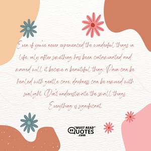 Even if you've never experienced the wonderful things in life, only after something has been contaminated and marred will it become a beautiful thing. Pain can be healed with gentle care, darkness can be removed with sunlight. Don't underestimate the small things. Everything is significant.