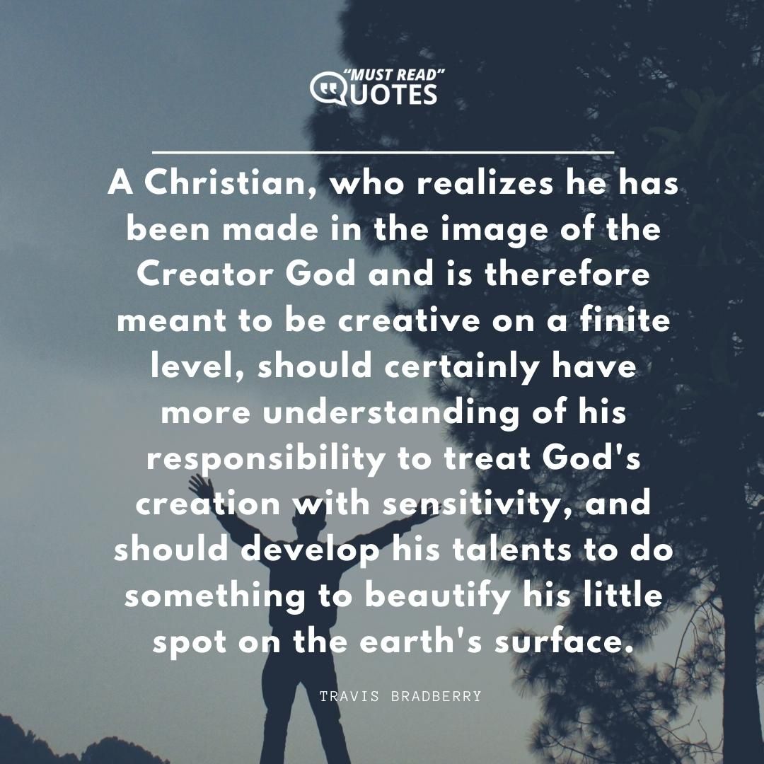 A Christian, who realizes he has been made in the image of the Creator God and is therefore meant to be creative on a finite level, should certainly have more understanding of his responsibility to treat God's creation with sensitivity, and should develop his talents to do something to beautify his little spot on the earth's surface.