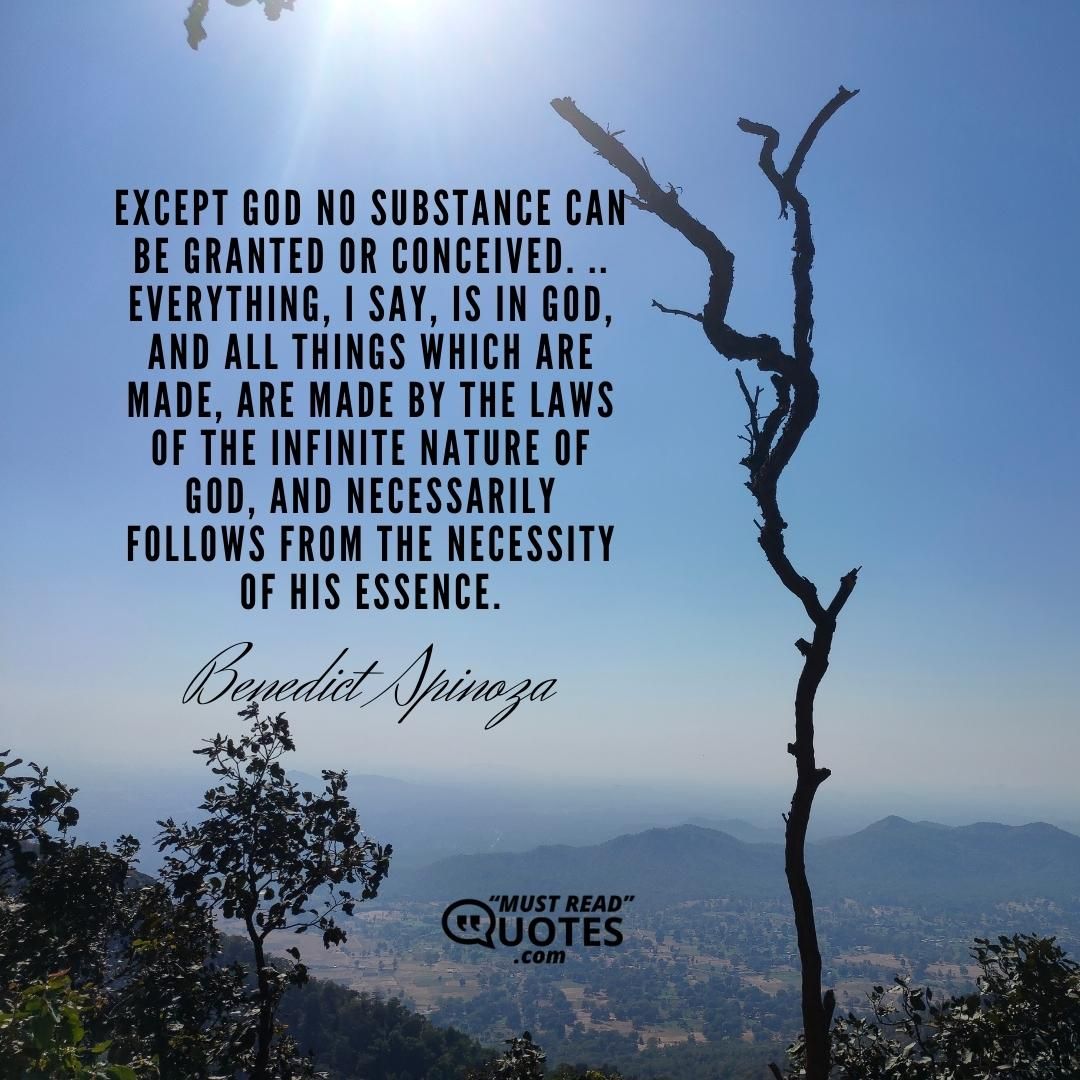 Except God no substance can be granted or conceived. .. Everything, I say, is in God, and all things which are made, are made by the laws of the infinite nature of God, and necessarily follows from the necessity of his essence.