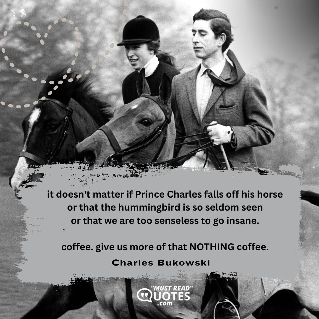 it doesn't matter if Prince Charles falls off his horse or that the hummingbird is so seldom seen or that we are too senseless to go insane. coffee. give us more of that NOTHING coffee.