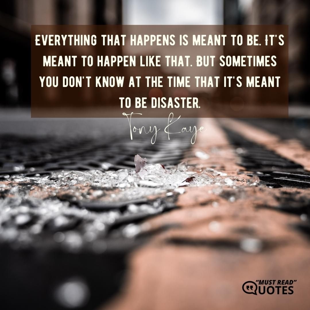 Everything that happens is meant to be. It's meant to happen like that. But sometimes you don't know at the time that it's meant to be disaster.