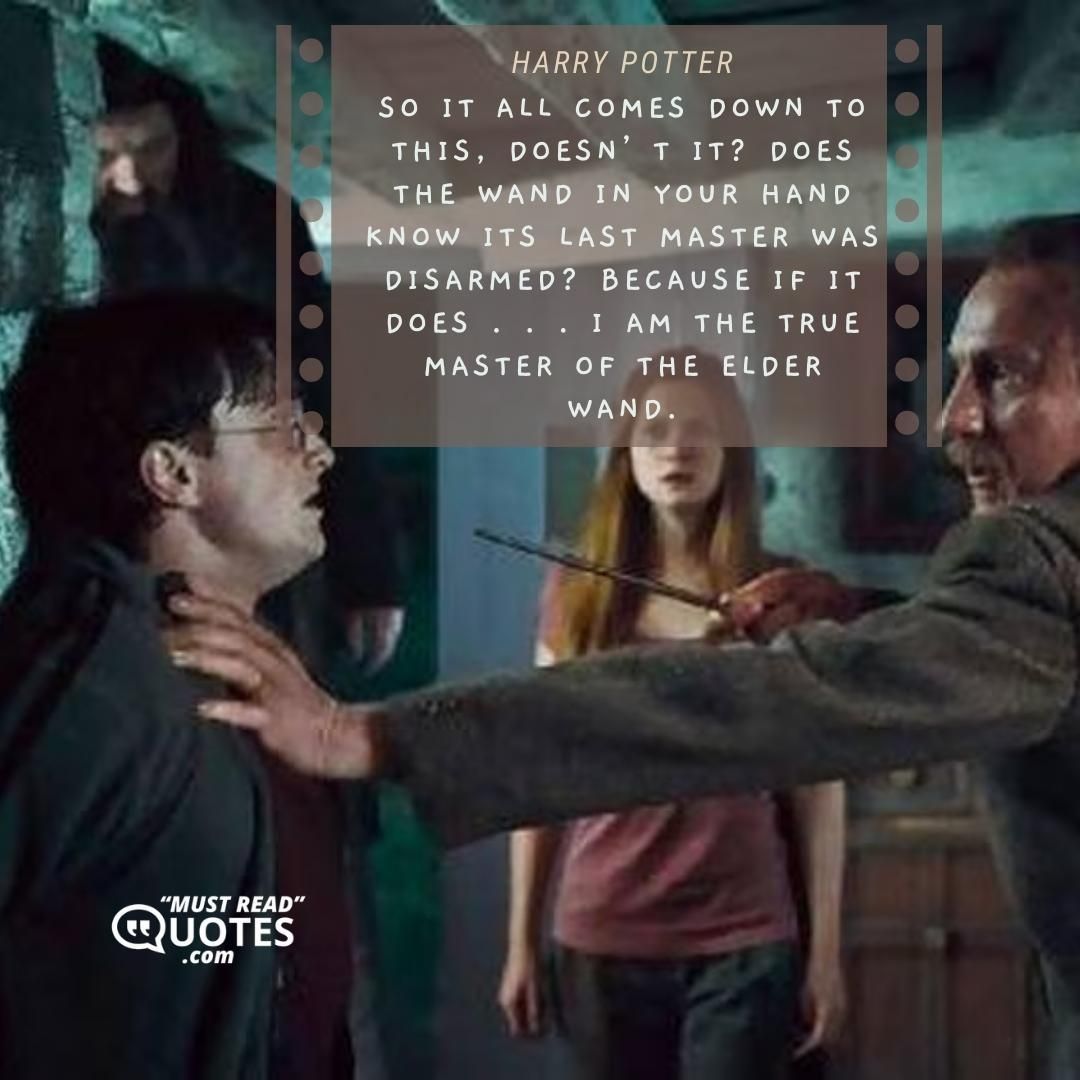So it all comes down to this, doesn’t it? Does the wand in your hand know its last master was Disarmed? Because if it does . . . I am the true master of the Elder Wand.
