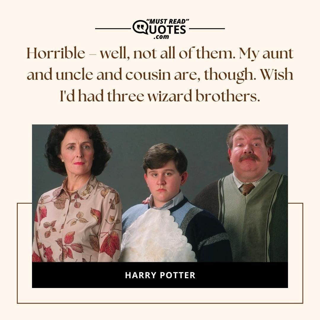 Horrible – well, not all of them. My aunt and uncle and cousin are, though. Wish I'd had three wizard brothers.
