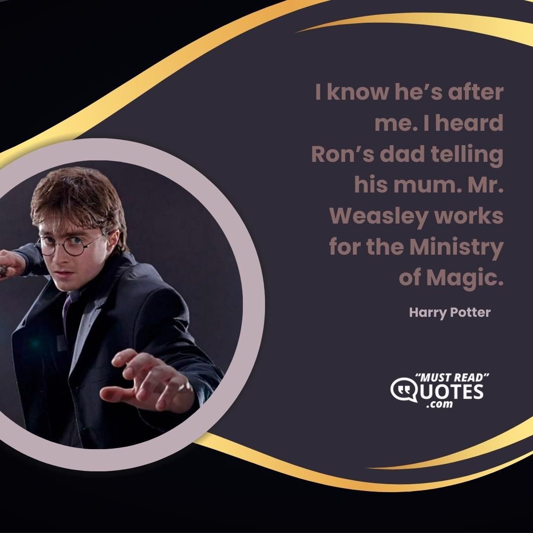 I know he’s after me. I heard Ron’s dad telling his mum. Mr. Weasley works for the Ministry of Magic.