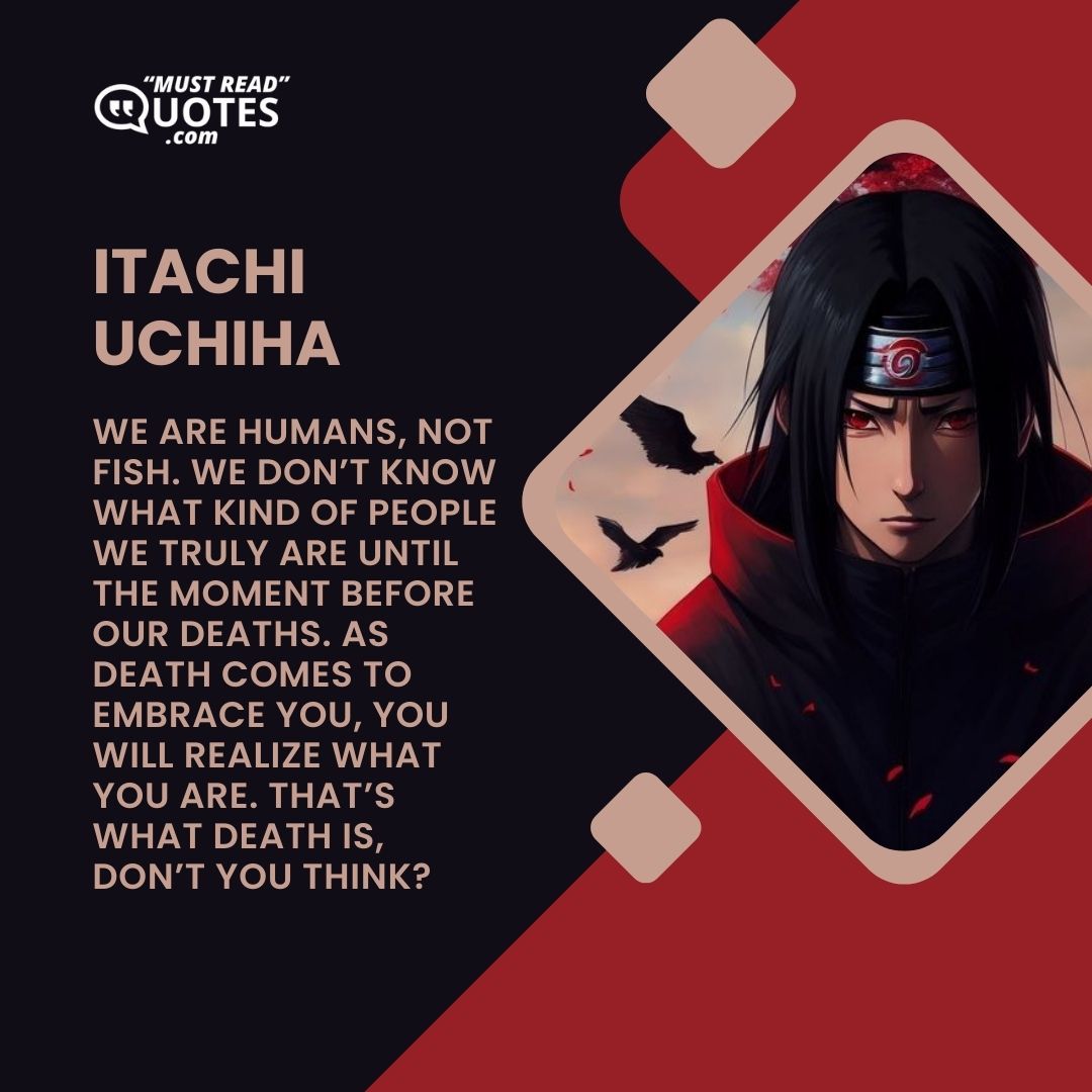 We are humans, not fish. We don’t know what kind of people we truly are until the moment before our deaths. As death comes to embrace you, you will realize what you are. That’s what death is, don’t you think?