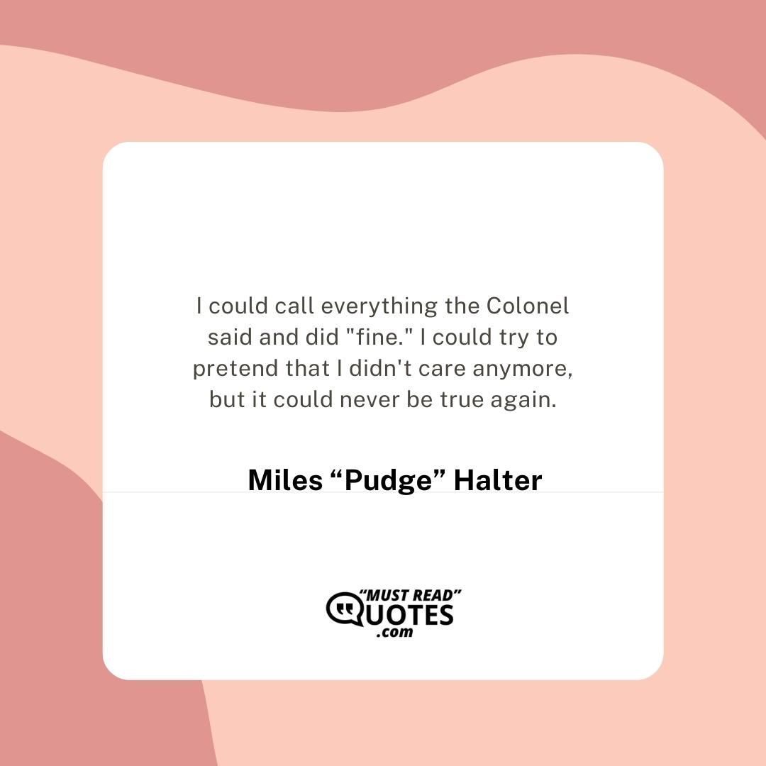 I could call everything the Colonel said and did "fine." I could try to pretend that I didn't care anymore, but it could never be true again.