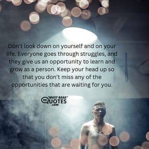 Don’t look down on yourself and on your life. Everyone goes through struggles, and they give us an opportunity to learn and grow as a person. Keep your head up so that you don’t miss any of the opportunities that are waiting for you.