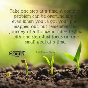 Take one step at a time. A complex problem can be overwhelming, even when you’ve got your plan mapped out, but remember: the journey of a thousand miles begins with one step. Just focus on one small goal at a time.