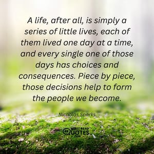 A life, after all, is simply a series of little lives, each of them lived one day at a time, and every single one of those days has choices and consequences. Piece by piece, those decisions help to form the people we become.