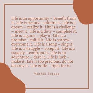 Life is an opportunity – benefit from it. Life is beauty – admire it. Life is a dream – realize it. Life is a challenge – meet it. Life is a duty – complete it. Life is a game – play it. Life is a promise – fulfill it. Life is sorrow – overcome it. Life is a song – sing it. Life is a struggle – accept it. Life is a tragedy – confront it. Life is an adventure – dare it. Life is luck – make it. Life is too precious, do not destroy it. Life is life – fight for it.