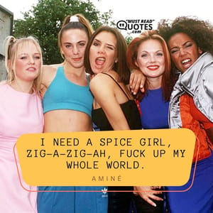 I need a Spice Girl, zig-a-zig-ah, fuck up my whole world.