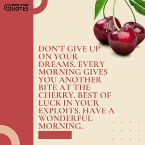 Don’t give up on your dreams. Every morning gives you another bite at the cherry. Best of luck in your exploits. Have a wonderful morning.
