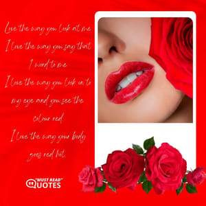 Love the way you look at me I love the way you say that 1 word to me I love the way you look in to my eye and you see the colour red I love the way your body goes red hot.
