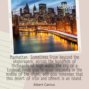 Manhattan. Sometimes from beyond the skyscrapers, across the hundreds of thousands of high walls, the cry of a tugboat finds you in your insomnia in the middle of the night, and you remember that this desert of iron and cement is an island.