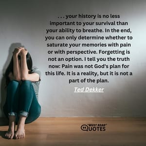 . . . your history is no less important to your survival than your ability to breathe. In the end, you can only determine whether to saturate your memories with pain or with perspective. Forgetting is not an option. I tell you the truth now: Pain was not God's plan for this life. It is a reality, but it is not a part of the plan.