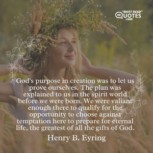 God's purpose in creation was to let us prove ourselves. The plan was explained to us in the spirit world before we were born. We were valiant enough there to qualify for the opportunity to choose against temptation here to prepare for eternal life, the greatest of all the gifts of God.