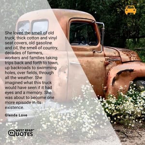 She loved the smell of old truck; thick cotton and vinyl seat covers, old gasoline and oil, the smell of country, decades of farmers, workers and families taking trips back and forth to town, up backroads to swimming holes, over fields, through all the weather. She imagined what this truck would have seen if it had eyes and a memory. She was about to become one more episode in its existence.