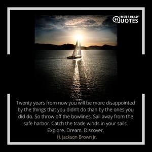 Twenty years from now you will be more disappointed by the things that you didn't do than by the ones you did do. So throw off the bowlines. Sail away from the safe harbor. Catch the trade winds in your sails. Explore. Dream. Discover.
