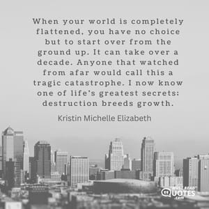 When your world is completely flattened, you have no choice but to start over from the ground up. It can take over a decade. Anyone that watched from afar would call this a tragic catastrophe. I now know one of life’s greatest secrets; destruction breeds growth.