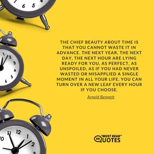 The chief beauty about time is that you cannot waste it in advance. The next year, the next day, the next hour are lying ready for you, as perfect, as unspoiled, as if you had never wasted or misapplied a single moment in all your life. You can turn over a new leaf every hour if you choose.