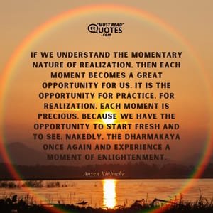 If we understand the momentary nature of realization, then each moment becomes a great opportunity for us. It is the opportunity for practice, for realization. Each moment is precious, because we have the opportunity to start fresh and to see, nakedly, the dharmakaya once again and experience a moment of enlightenment.