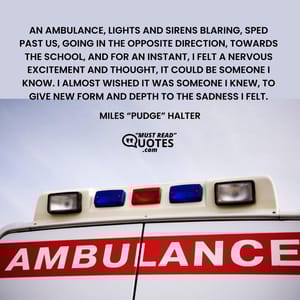 An ambulance, lights and sirens blaring, sped past us, going in the opposite direction, towards the school, and for an instant, I felt a nervous excitement and thought, it could be someone I know. I almost wished it was someone I knew, to give new form and depth to the sadness I felt.