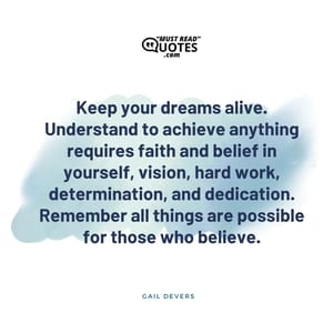 Keep your dreams alive. Understand to achieve anything requires faith and belief in yourself, vision, hard work, determination, and dedication. Remember all things are possible for those who believe.